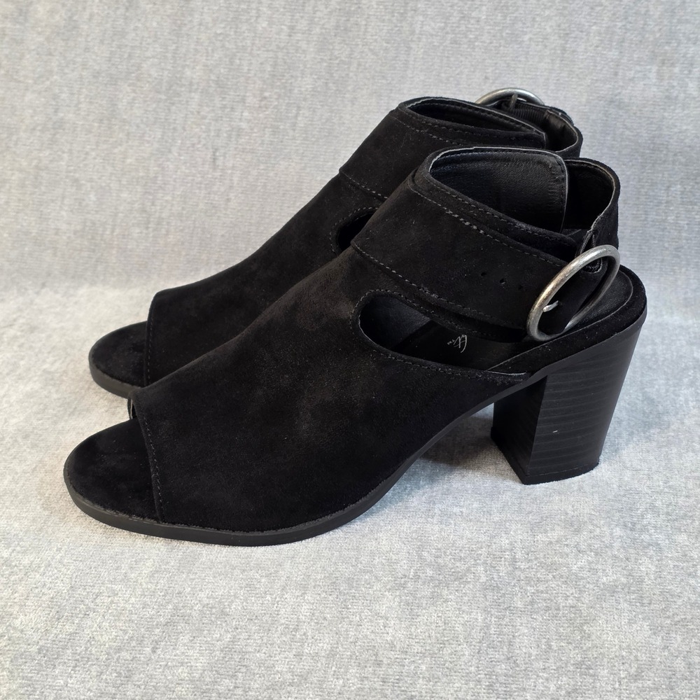 Vintage 7 Eight Peep Toe Booties Women 7 Black Faux Suede Buckle Block Heel